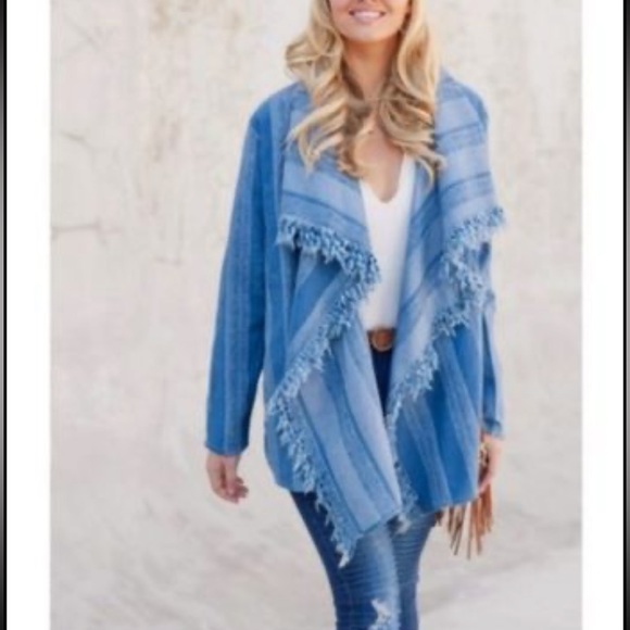 Military Hippie Fringe Denim Open Jacket - Picture 1 of 5